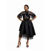BIBI SAKALIEVA Krilo Black Pleated Midi Skirt with Asymmetric Hem and Tulle črna