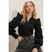 Trend Alaçati Stili Womens Black Cocktail Collar Princess Knitted Crop Top with Sleeves