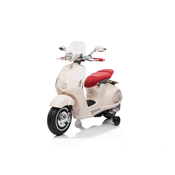 Beneo Električni motocikel Vespa 946 tudi z vzvratno prestavo, bele barve, s pomožnimi kolesi, Licenca, 2 x 6V baterija, 2x 30W motor, usnjen sedež, MP3 predvajalnik z USB vhodom