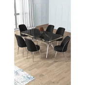 Hanah Home trpezarijski set Prah, sto i 6 stolica, ploca u dekoru Sonata, hromirane noge, crna tkanina Babyface