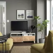 BESTA TV stalaža s fiokama, bela/Hedeviken/Stubbarp hrastov furnir, 120x42x48 cm
