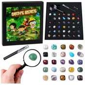 Set naravnih kristalov mineralov zbirka povečevalno steklo 43 kosov.
