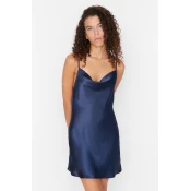 Trendyol Navy Blue Degaje Collar Back Detailed Rope Strap Satin Woven Nightdress