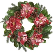 Zeleni božični venec z 5 cvetovi magnolije iz svile, pravimi storži in zelenimi vejicami, premer 61 cm, za vrata, steno ali mizo, notranja in zaščitena zunanja uporaba, osnova iz vinske trte