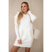 Dress with decorative ruffles and hood in ecru