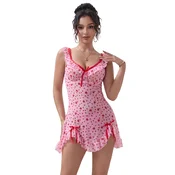 Pink Heart Printed Mesh Ruffled Sexy Nightdress S