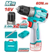 TOTAL Aku bušilica 16v, 2x2.0ah baterije, kofer, BL, 60NM, 13mm futer