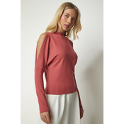 Happiness Istanbul Womens Dry Rose Standing Collar Open-Shoulder Knitwear Blouse