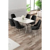 Hanah Home trpezarijski set Asel, sto i 6 stolica, ploca u dekoru belog mermera, hromirane noge, crna tkanina Babyface
