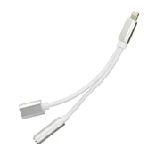 OEM AUX 2-v-1 adapter Lightning (moški) na Lightning (ženski) / 3,5 mm jack (ženski), srebrne barve