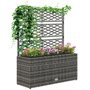 OUTSUNNY Cvetlični lonec z rešetko za plezalne rastline, dvignjena gredica s 3 notranjimi lonci, jeklena konstrukcija in PE ratan, 84x30x107cm, siva
