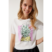 Happiness Istanbul Womens White Printed 100% Cotton Knitted T-Shirt