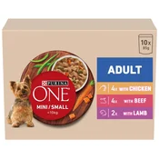 Purina ONE Mini Dog Adult vrečke za pse s piščancem, govedino in jagnjetino v omaki 10 x 85 g