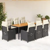 9-dijelni vrtni blagovaonski set s jastucima crni od poliratana Crna Dužina stola 190 cm