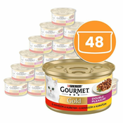 Pločevinka Gourmet GOLD - pečeni in dušeni koščki govedine in piščanca, 48 x 85g