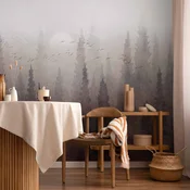 shumee Foto tapeta - Ptice letijo nad krošnjami dreves - pokrajina temnega gozda v megli