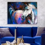 WallXpert slika na platnu 506819275_70100, apstraktni portret belog konja u plavim i ljubicastim tonovima, 70 x 100 cm
