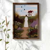 WallXpert uramljena MDF slika NAL101-70, žena u beloj haljini na stazi kroz cvetno polje ka kuci sa crvenim krovom, 50 x 70 cm