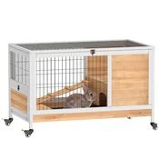 PAWHUT Gabbietta per conigli e porcellini dindia conigliera con 4 ruote, casetta, rampa e vassoio rimovibile, legno naturale, giallo, 90x53x59 cm