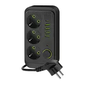 Razdelnik uticnica sa prekidacem LINEA 3x230V + 5xUSB A/C 1,5 m SCHUKO crna
