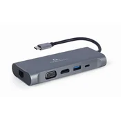 Gembird Gembird večfunkcijski adapter USB Type-C 7-v-1 (Hub 3.0 + HDMI + VGA + PD + čitalnik kartic + stereo zvok), siva barva