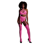 Ouch! Glow in the Dark Two Piece with Crop Top and Stockings Neon Pink S/M/L