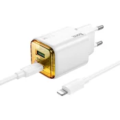 Hoco Mrežni polnilnik za telefon Hoco USB-A + USB-C QC3.0 PD 3A 20 W + kabel USB-C na Lightning N52, bel