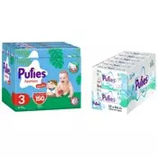 Pelene gacice Pufies Fashion - Midi, velicina 3, 150 komada, 6-11 kg, Multipack + vlažne maramice, 12 x 64 komada