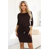 13-169 Sporty midi dress with pockets and a tie waist - chocolate brown