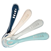 Set od 4 žličice za vježbanje 2nd age Beaba Training Spoon 13 cm plavi, ružičasti, sivi i zeleni od mekanog silikona za samostalno jedenje od 4 mjeseca