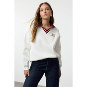 Trendyol Ecru Embroidered Oversize/Green Pattern Thick Polar Fleece Knitted Sweatshirt