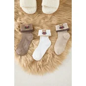 Trendyol Brown-White-Beige 3-Pack Teddy Bear Jacquard Knitted Socks