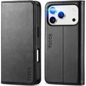 TUCCH usnjena preklopna torbica za iPhone 17 Pro – črna