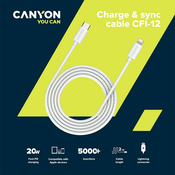 CANYON ?FI-12, cable Type C to lightning ,5V3A, 9V2.22A ,PD20W, power cord:18AWG*4C, Signal cord:28AWG*4C, data transfer speed:30Ms, OD4.5M