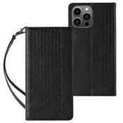 Hurtel Magnet Strap etui za iPhone 14 - črn, denarnica, stojalo, vrvica