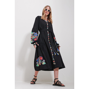 Trend Alaçati Stili Womens Black V Neck Full Embroidery Lined Woven Dress