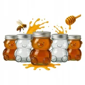 shumee 5x steklenih kozarcev TEDDY BEAR 300 ml z navojnim pokrovčkom za med, marmelado, začimbe, mini STEKLENIČKE