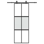 Vidaxl Drsna vrata z opremo črna 76x205 cm kaljeno steklo