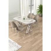 Hanah Home trpezarijski set Lai, sto i 4 stolice, ploca u dekoru belog mermera, hromirane noge, kapucino tkanina Babyface