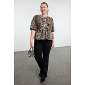 Trendyol Curve Multicolored Womens Bow Leopard Patterned Woven Plus Size Blouse