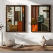 WallXpert set uramljenih MDF slika NAL196-70, geometrijska kompozicija od mermera, drveta i metala, 2 x 50 x 70 cm