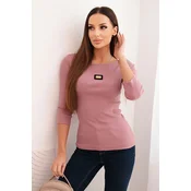 Kesi Womens ribbed blouse with 3/4 sleeves and decorative patch dark pink