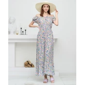 Resti Long summer green dress for women with purple flowers - Clothing