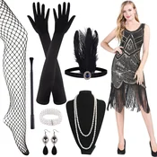 FEPITO Damska Obleka Flapper Gatsby 20. leta Črna Zlata Velikost M, Retro Večerna Obleka z Resicami in Bleščicami, V-izrez, Midi Dolžina, Zadrga, Visoka Raztegljivost, Vključeni Dodatki