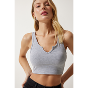 Happiness Istanbul Womens Gray Strappy Crop Knitted Blouse