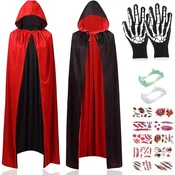 Dvostranski vampirski plašč s kapuco za pustne plese, noč čarovnic, cosplay, uniseks, odrasli, črn-rdeč, poliester, z vrvico za zavezovanje, udoben, vsestranski, enostavna nega