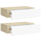 Vidaxl Stenska polica s predalom 2 kosa hrast in bela 40x23,5x10cm MDF