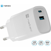 Natec Ribera GaN univerzalni punjač, ??30 W, USB-A, USB-C, bijela