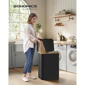 Košara za perilo s pokrovom 130L, z 2 predelkoma, črna | SONGMICS