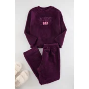 Trendyol Curve Purple Slogan and Heart Plush/Wellsoft Knitted Pajama Set